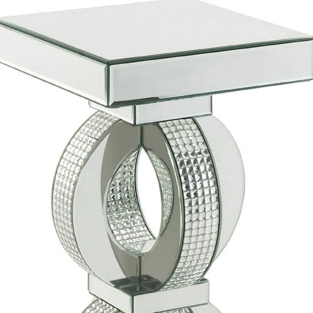 Accent Table with Interconnected Rings and Mirror Trim, Large, Silver By Casagear Home