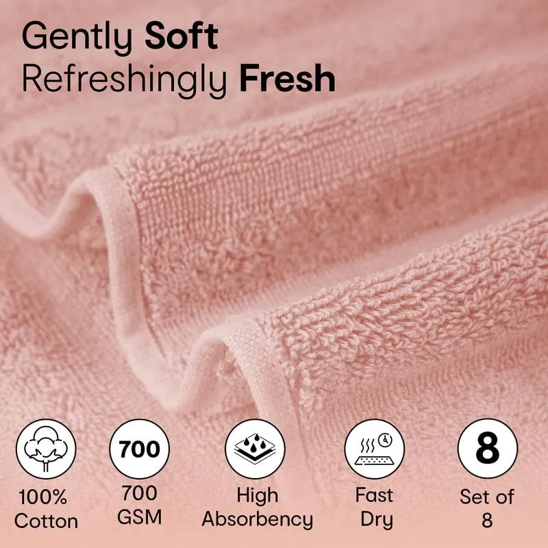 Anko Australia 100% Cotton 700 GSM Ribbed Hand Towel | Set of 8 | Super-Soft, Absorbent, Quick-Drying | Pink Towel for Men, Women & Kids | 60x40 cm |Travel, Gym, Spa Towel