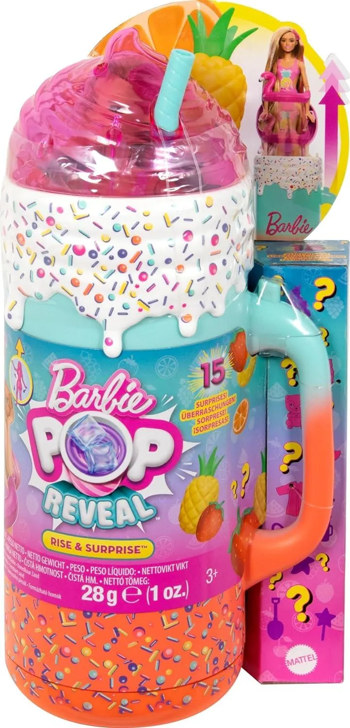 Barbie Pop Reveal Doll & Accessories, Rise & Surprise Fruit Series Gift Set with Scented Doll, Squishy Scented Pet, Color Change, Moldable Sand & More, 15  Surprises