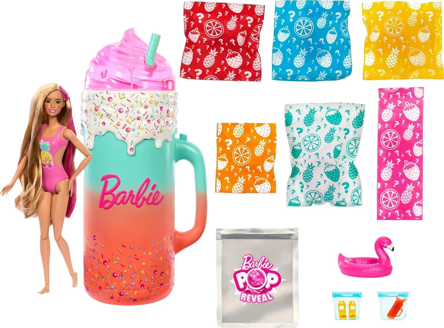 Barbie Pop Reveal Doll & Accessories, Rise & Surprise Fruit Series Gift Set with Scented Doll, Squishy Scented Pet, Color Change, Moldable Sand & More, 15  Surprises