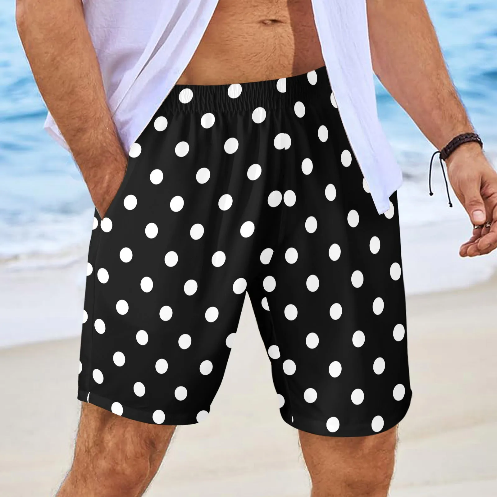 Black With White Polka Dots Men's Swim Trunks Swimsuit