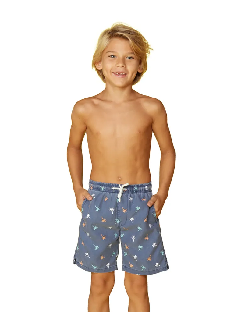 CKLS25 Boys Swim Trunks in a randomized palms print