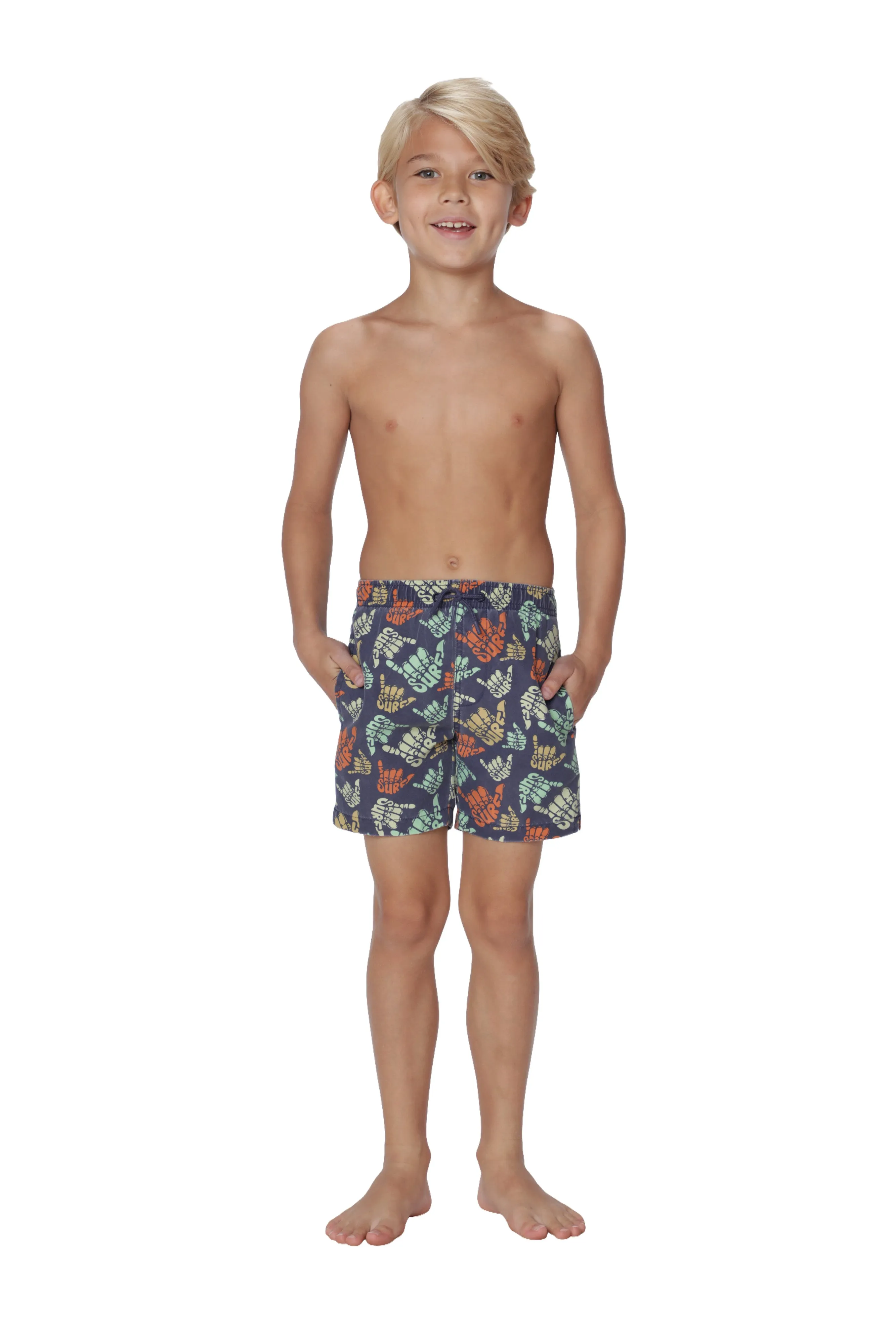 CKLS25 Boys Swim Trunks in a randomized palms print