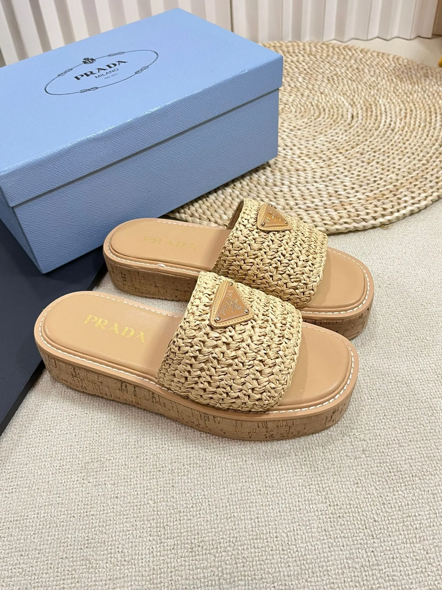 Crochet Flatform Slides 40 Lightweight Cork Sole Beige