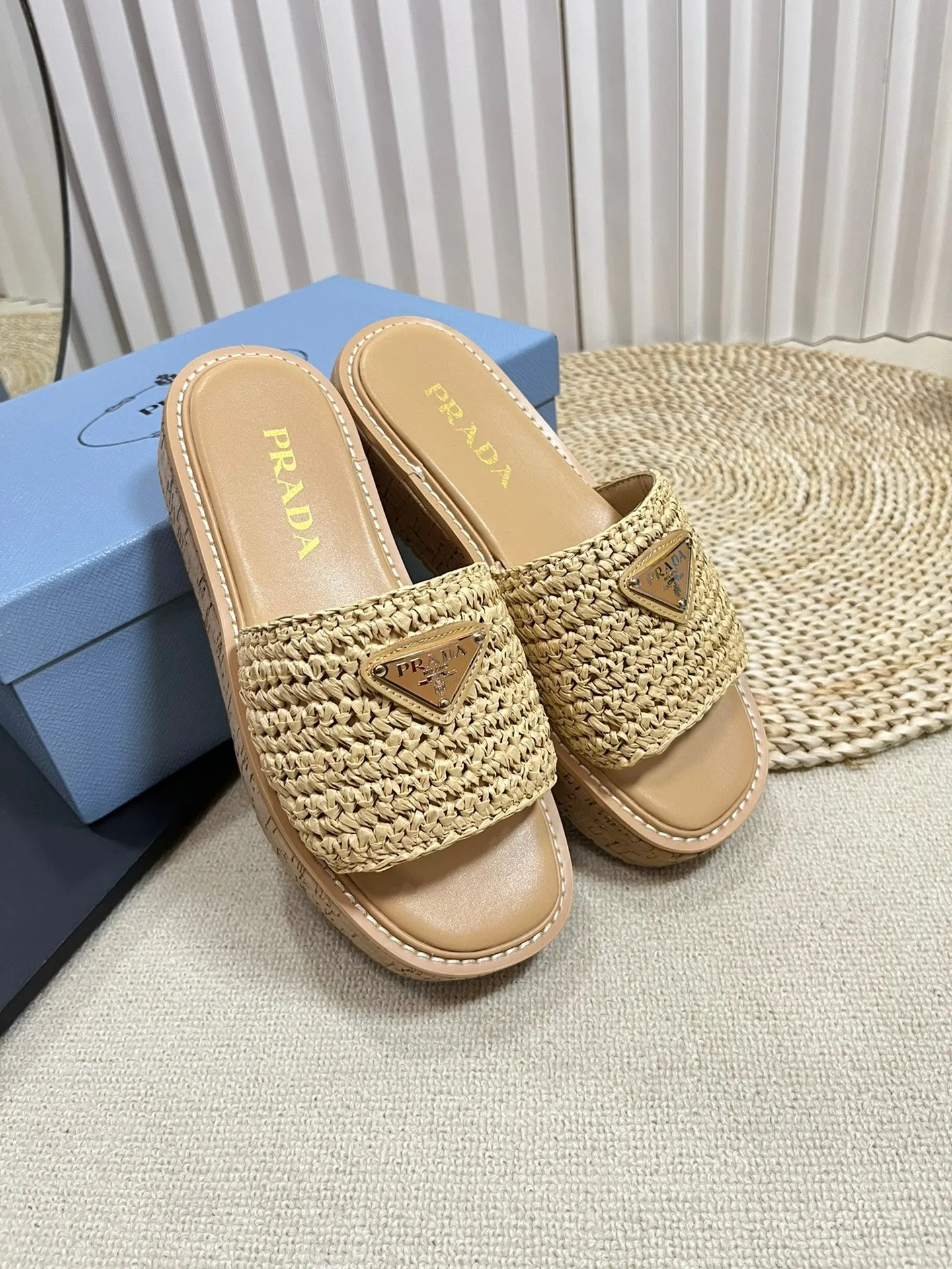 Crochet Flatform Slides 40 Lightweight Cork Sole Beige