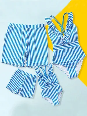 Family Style Into The Blue Striped Swimsuits