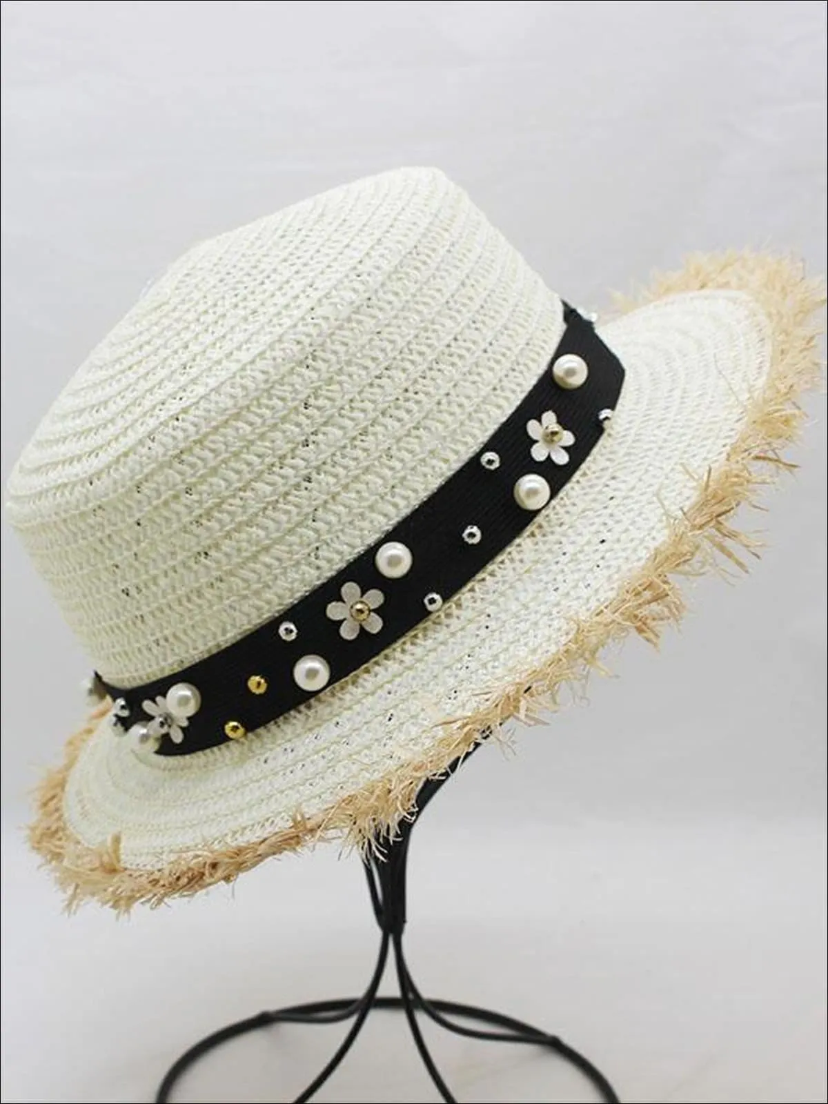 Girls Pearl Embellished Frayed Edge Straw Hat