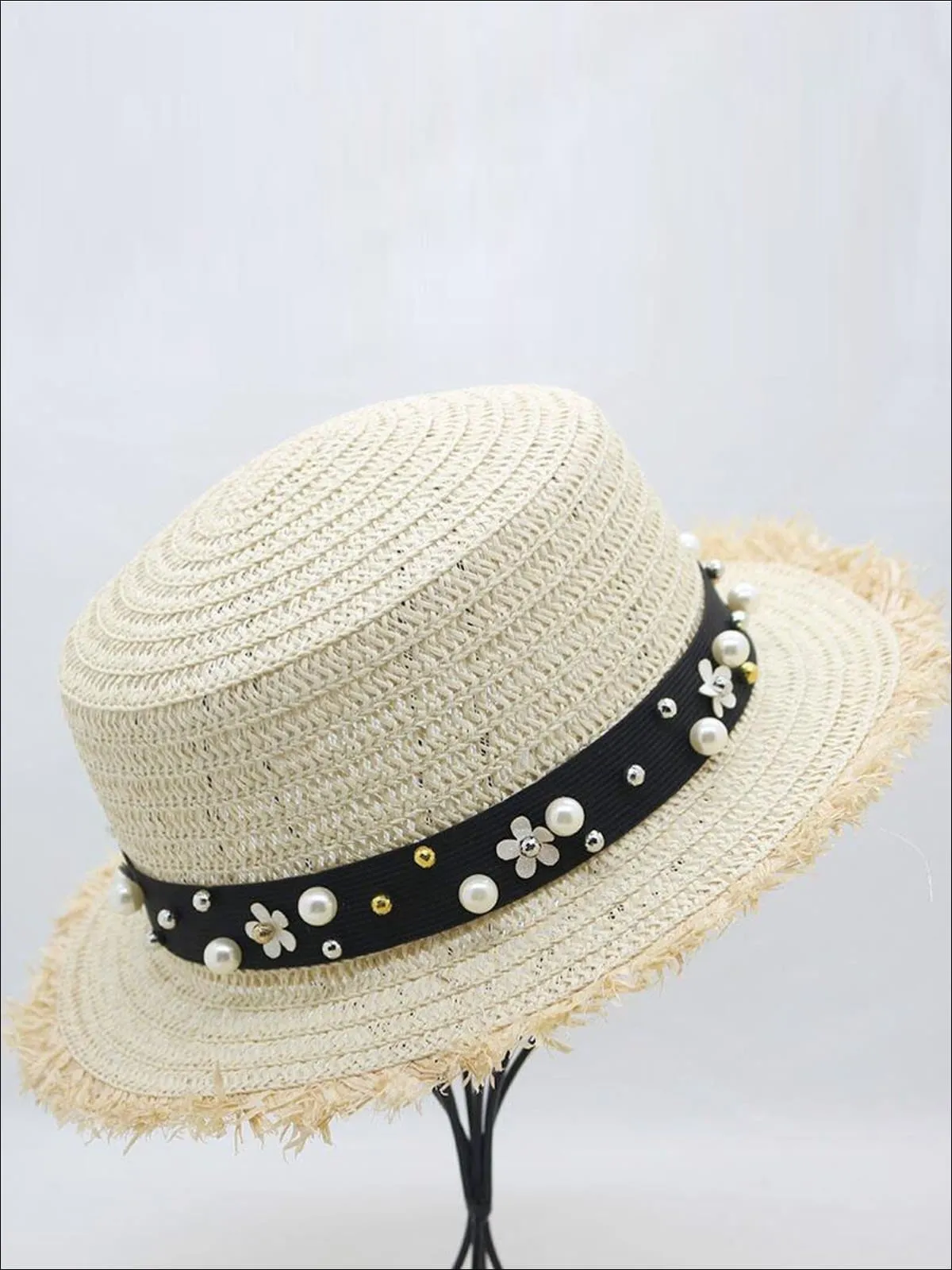 Girls Pearl Embellished Frayed Edge Straw Hat