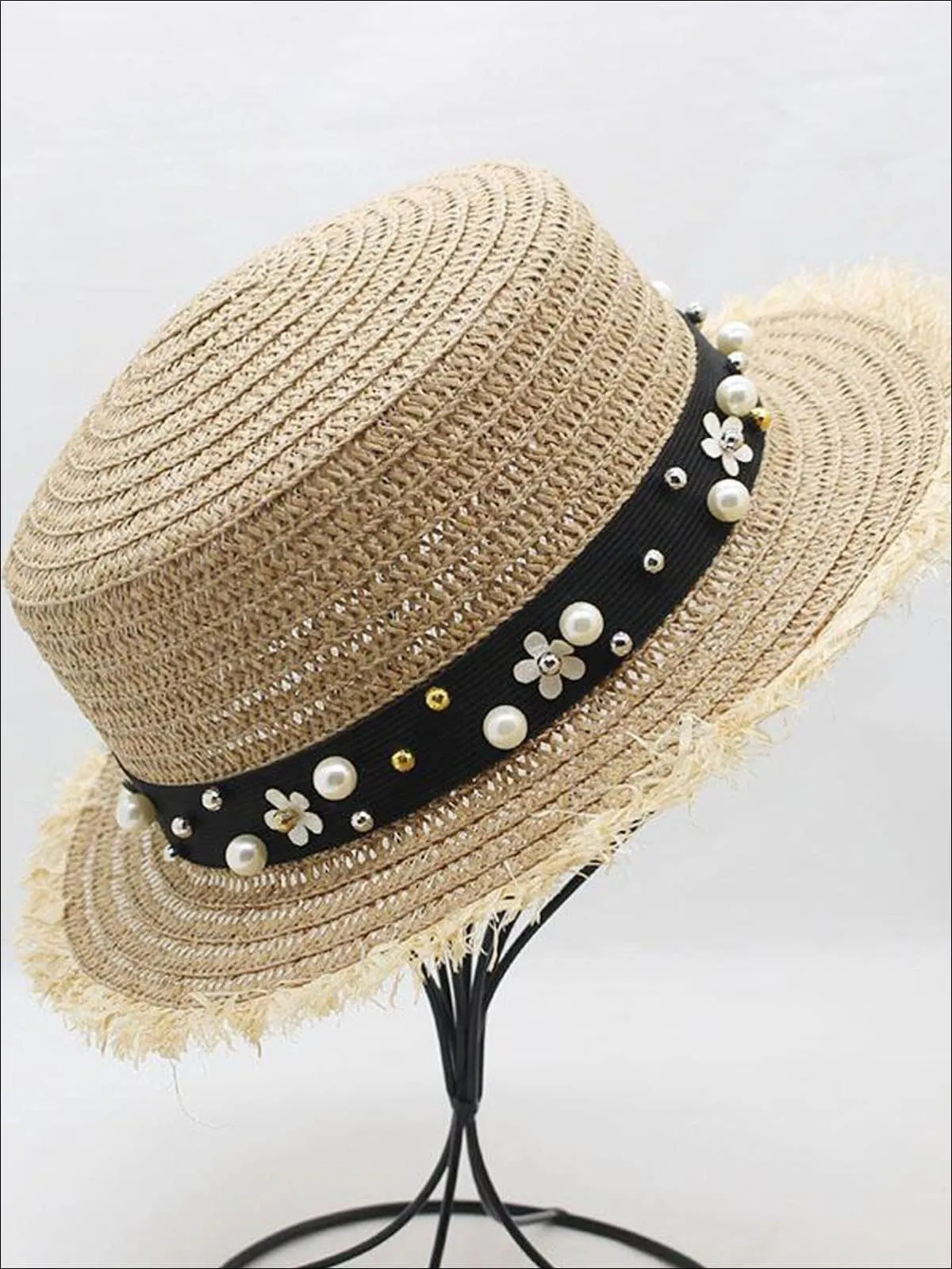 Girls Pearl Embellished Frayed Edge Straw Hat