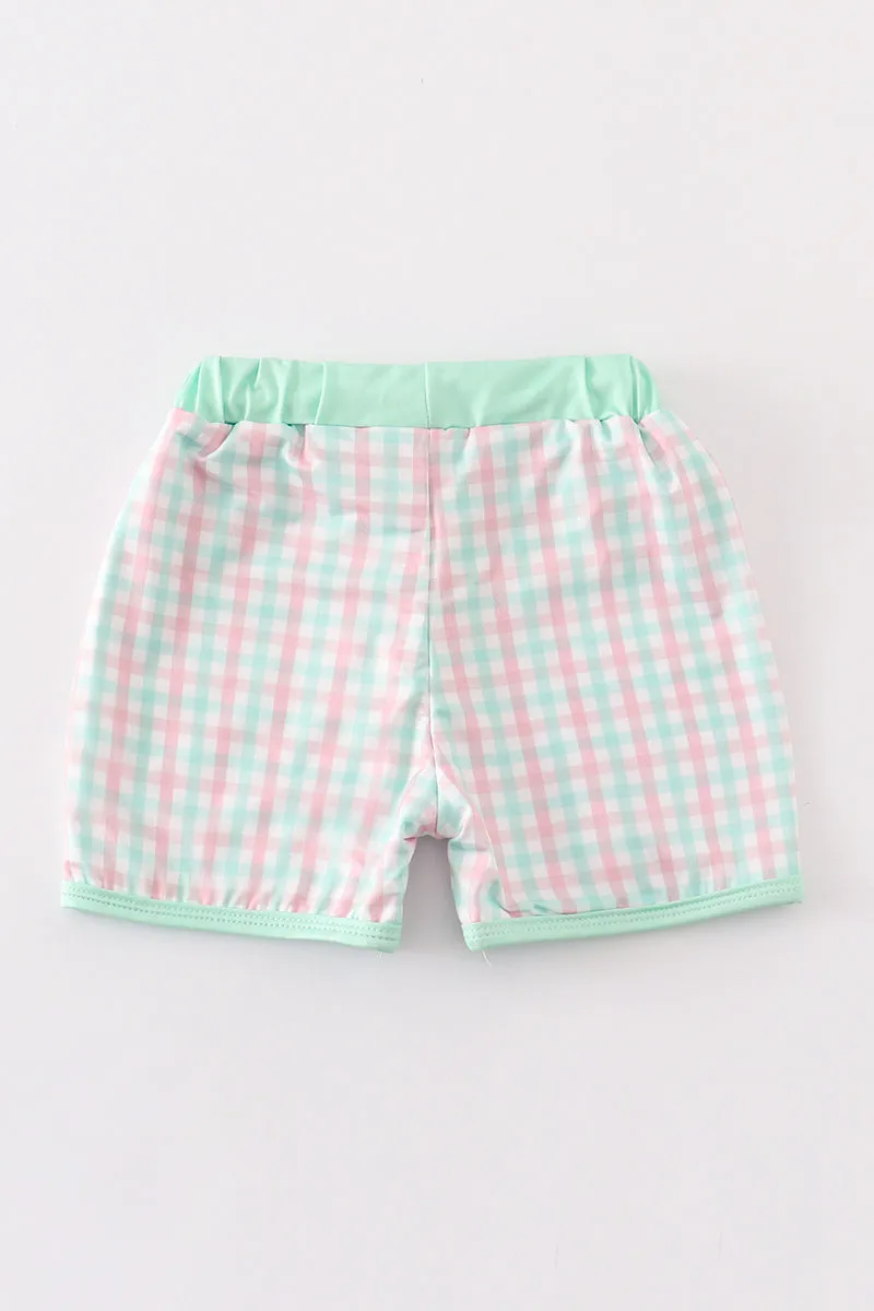 Green character applique plaid boy swim trunks