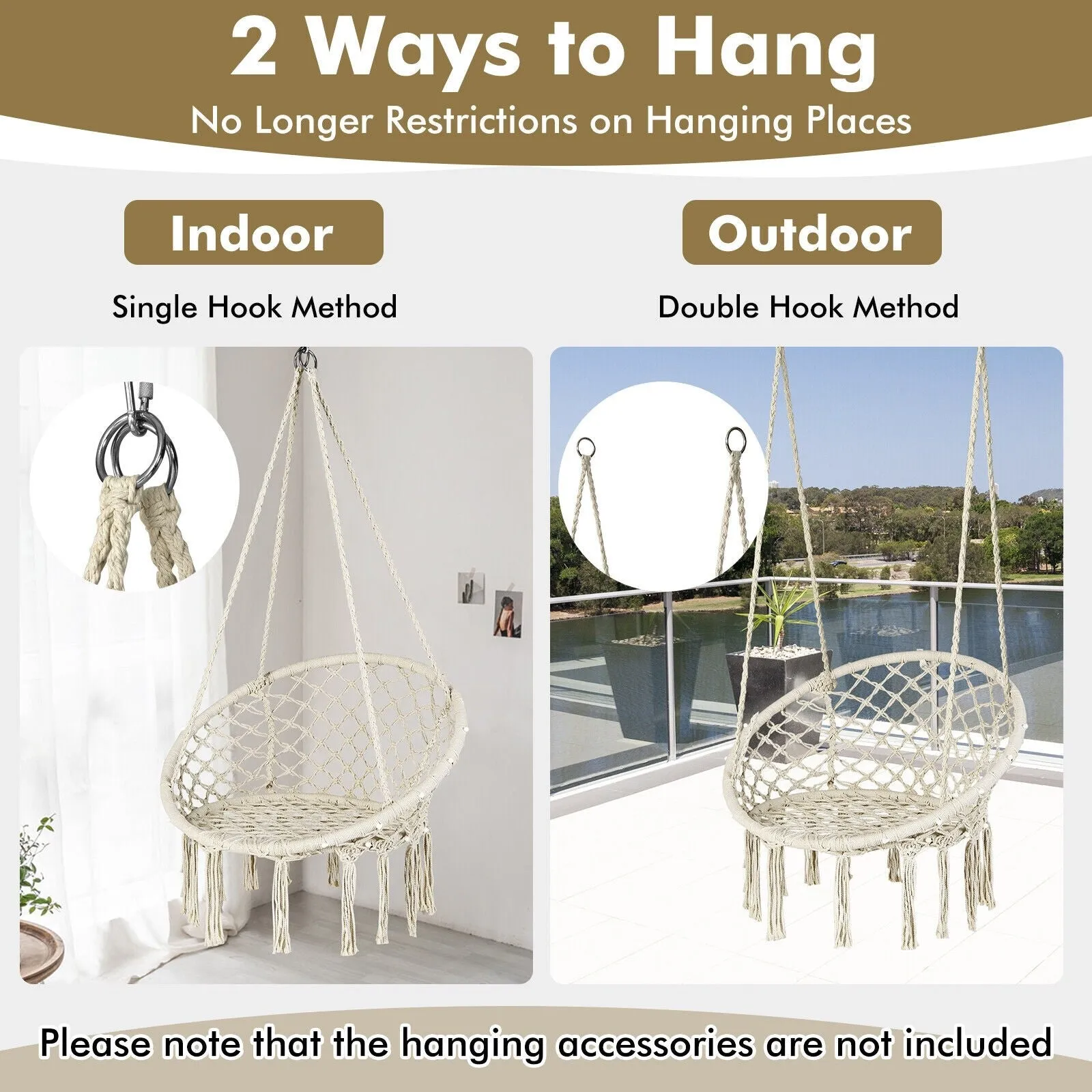 Hammock Chair LED Lights Hanging Swing Indoor Outdoor - Beige