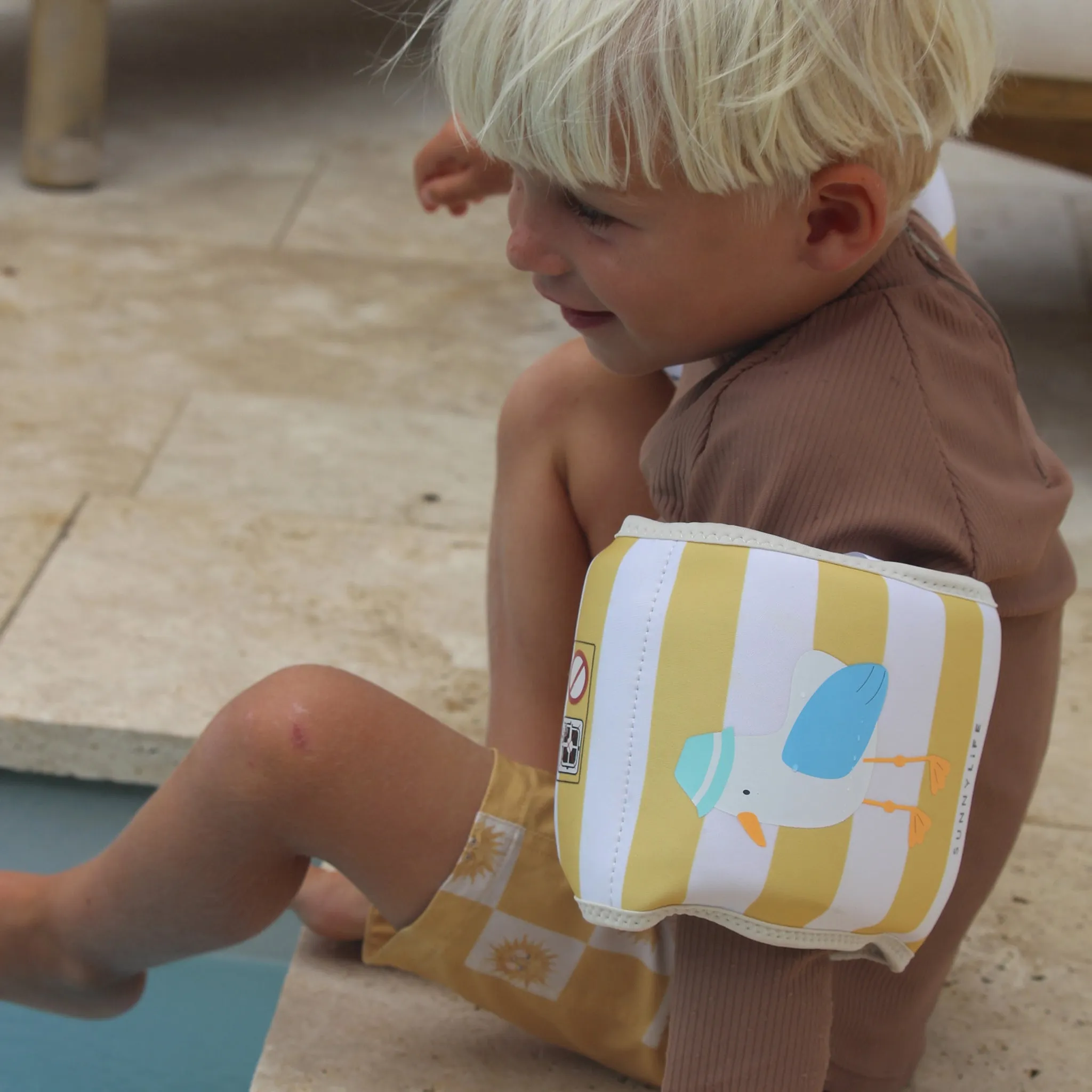 Kids Neoprene Arm Bands | Sid the Seagull Mustard Stripe