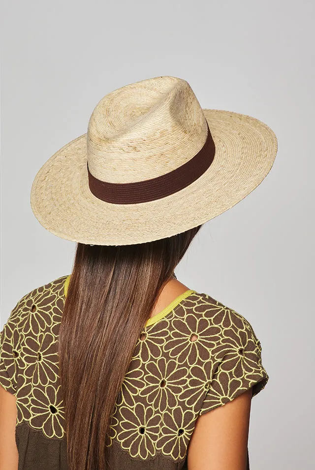 MX-980 MEXICAN PALM LEAF FLAT BRIM HAT WITH BROWN BAND-NATURAL