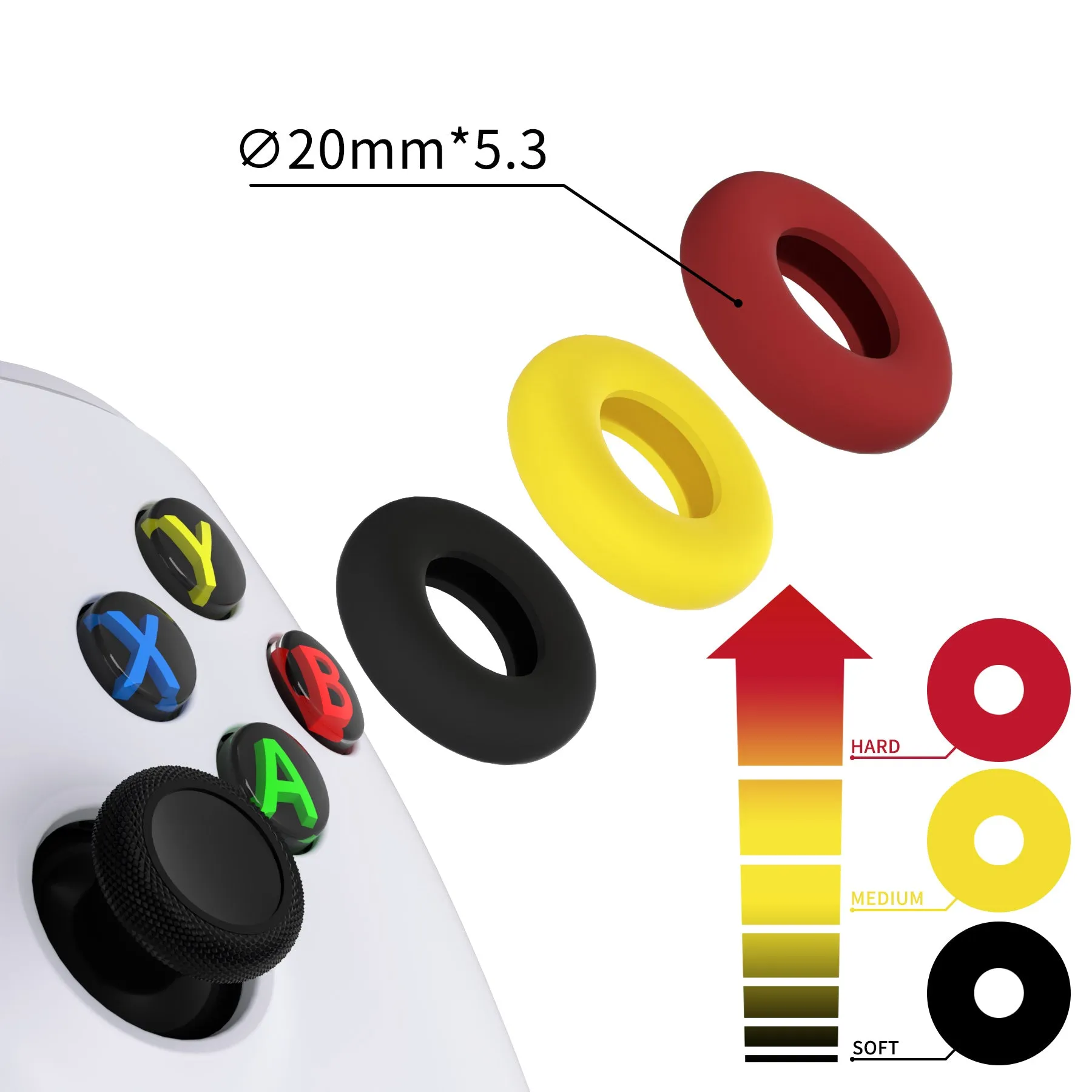 PlayVital 3 Pairs Silicone Aim Assist Target Motion Control Precision Rings for PS5, for PS4, for Xbox Series X/S, Xbox One, Xbox 360, for Switch Pro, for Steam Deck - Red & Black & Yellow & 3 Different Strengths - PFPJ109