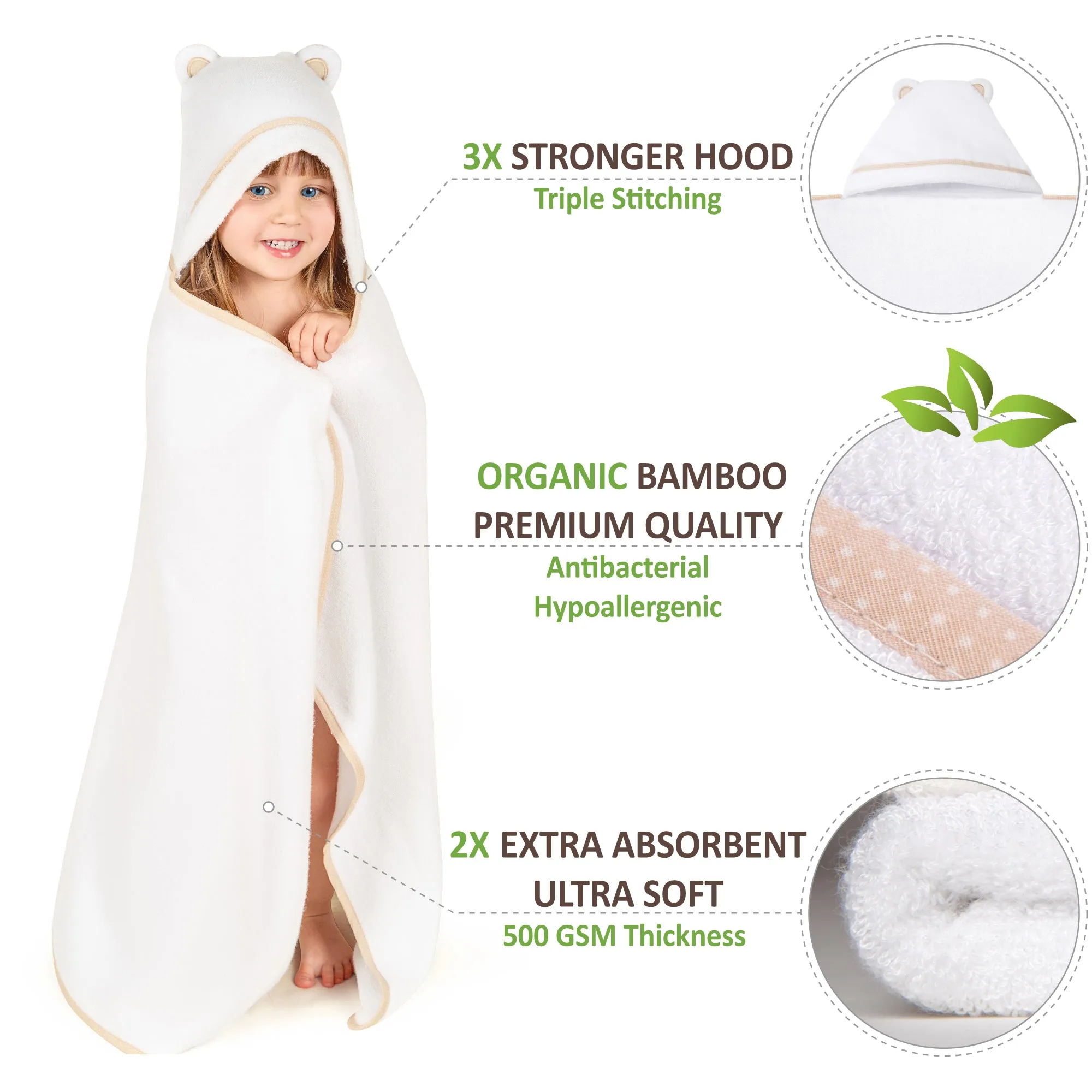 Premium Bamboo Toddler Towel with Hood (White)