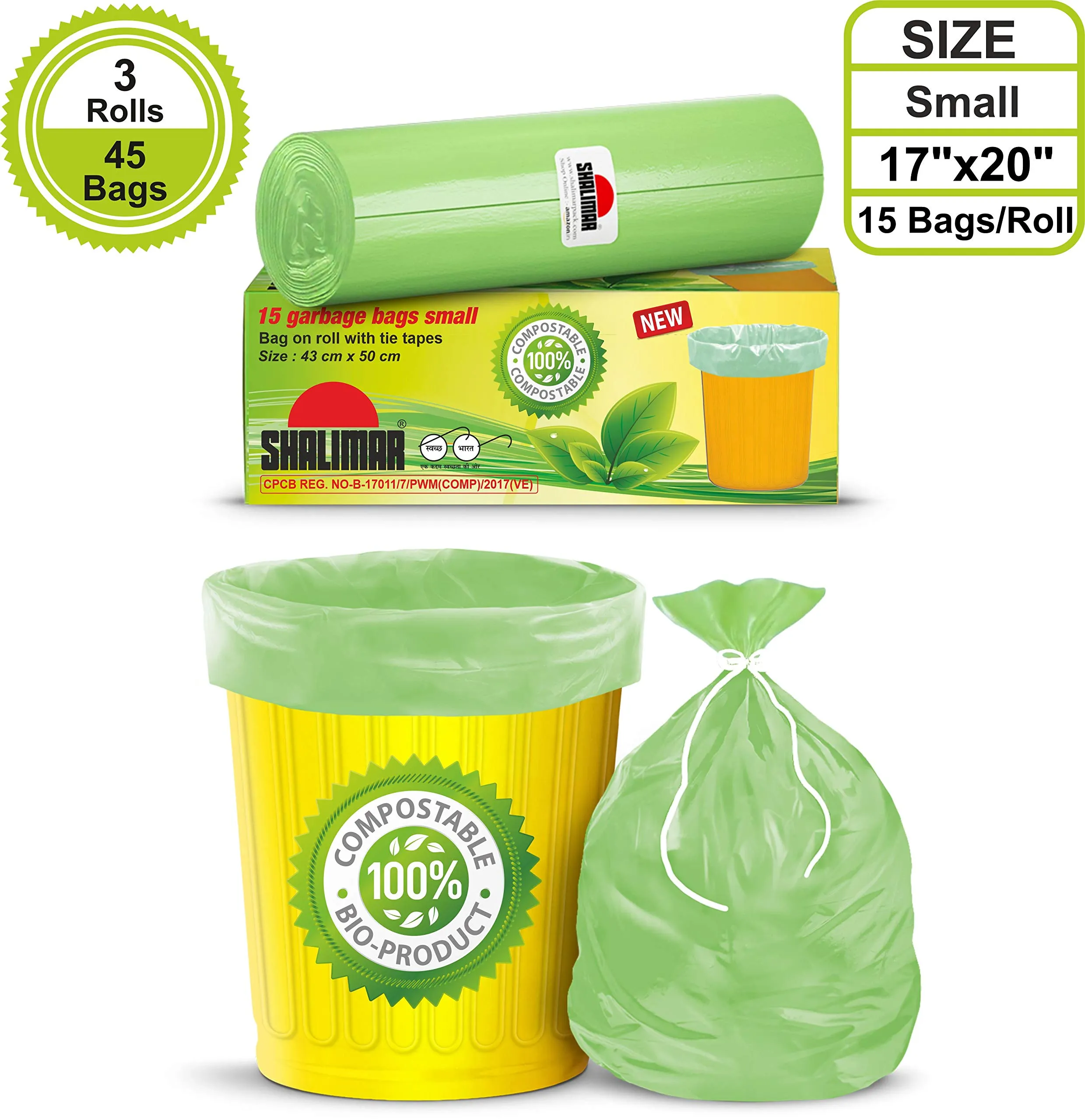 Shalimar Premium Compostable/Biodegradable Garbage Bags (Small) Size 43 cm x 51 cm 3 Rolls (45 Bags) (Trash Bag/Dustbin Bag) (Green Color)