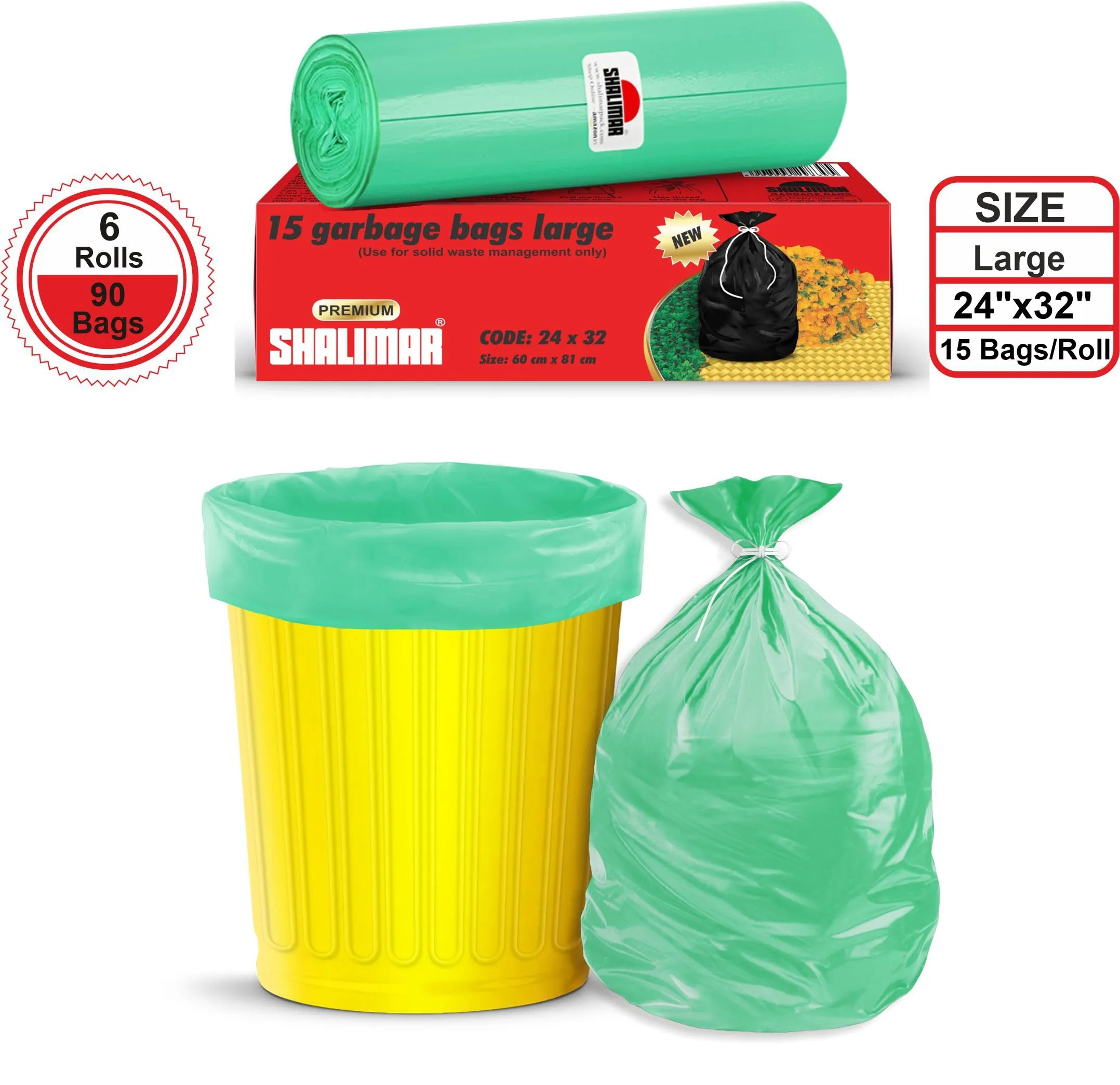 Shalimar Premium Garbage Bags Size 24 X 32 Inches (Large) 90 Bags (6 Rolls) Dustbin Bag/Trash Bag - Green Color