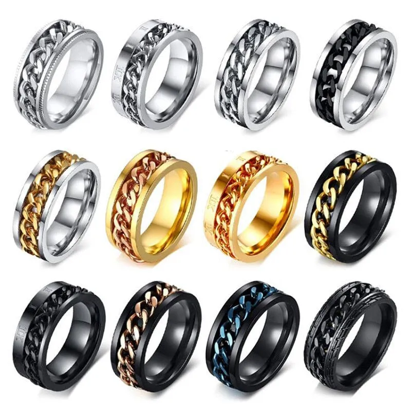 Spinner Chain Ring Men's Stainless Steel Fidget Metal Gold Black Blue silver Color Reliever Stress Jewellery Ring