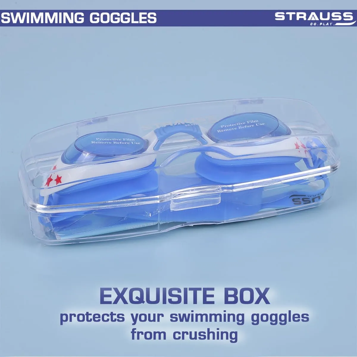 STRAUSS Swimming Goggles | Anti Fog & UV Protection | Swimming Goggles for Kids, Adults | Fully Adjustable Swimming Goggles With A Case Cover,(Blue/White)