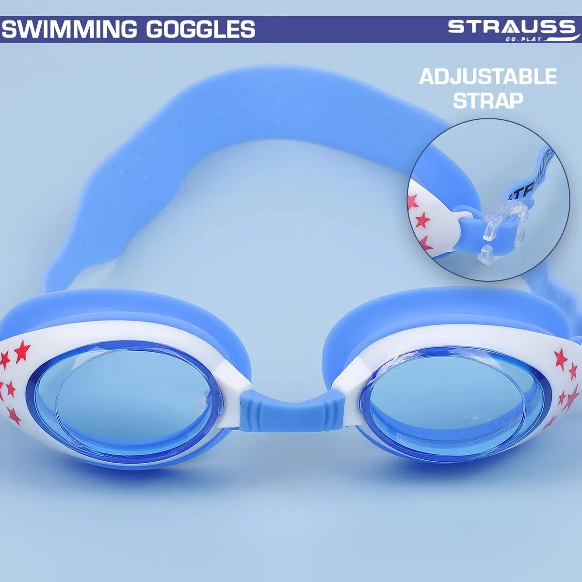 STRAUSS Swimming Goggles | Anti Fog & UV Protection | Swimming Goggles for Kids, Adults | Fully Adjustable Swimming Goggles With A Case Cover,(Blue/White)