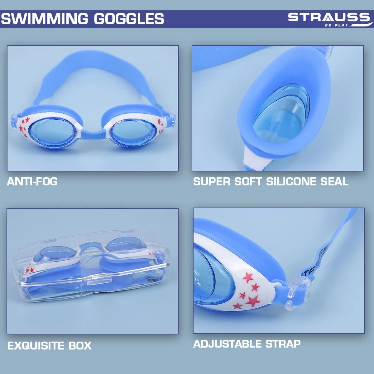 STRAUSS Swimming Goggles | Anti Fog & UV Protection | Swimming Goggles for Kids, Adults | Fully Adjustable Swimming Goggles With A Case Cover,(Blue/White)