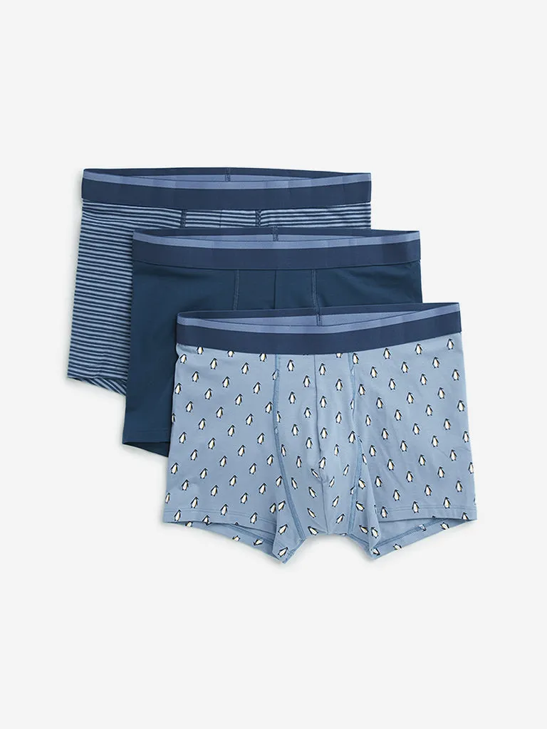 WES Lounge Blue Printed Cotton Blend Trunks - Pack of 3