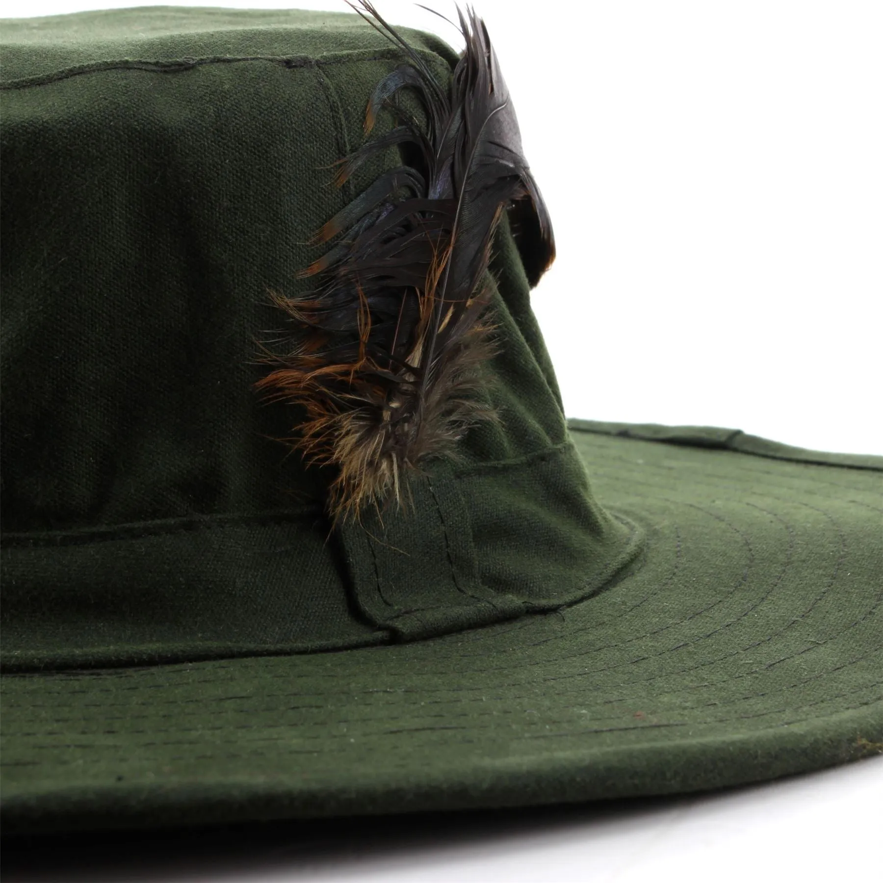 Wide Brim Outback Style Wax Cotton Bush Hat with Feather - Green