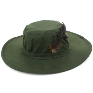 Wide Brim Outback Style Wax Cotton Bush Hat with Feather - Green